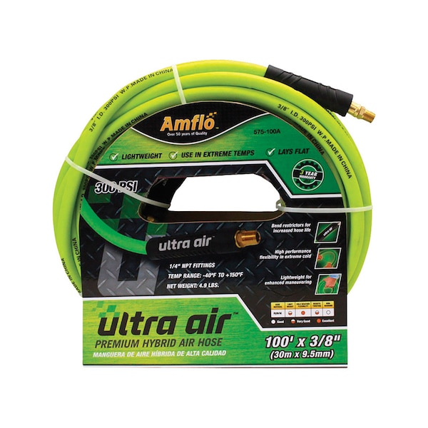 Amflo Ultra Air 100 ft. L X 3/8 in. D Rubber/PVC Hybrid Air Hose 300 psi Yellow 575-100A - main